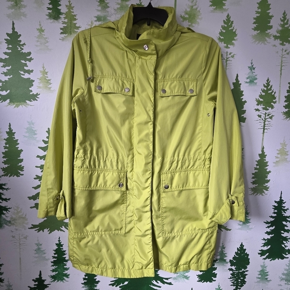 Alfani Lime Green Poly Satin Hidden Hood Utility Jacket. - Picture 1 of 9
